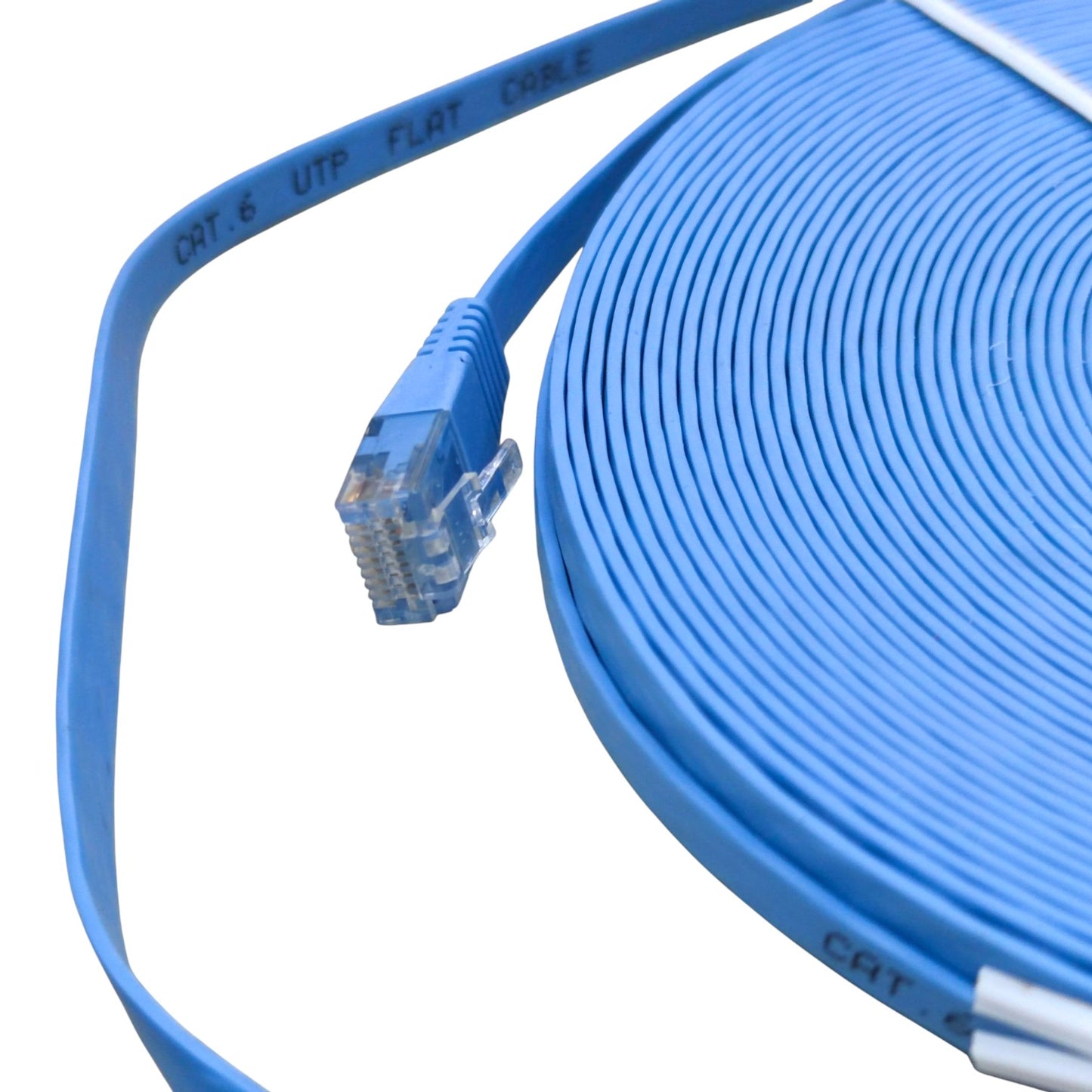 A coiled blue flat Ethernet cable with a RJ45 connector, shown on a plain white background. The cable has printed text reading 'CRT 6 UTP FLAT CABLE'.
