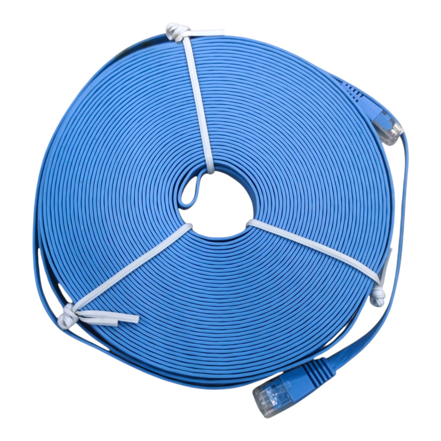 A coiled blue Ethernet cable secured with white zip ties, showing RJ45 connectors on the ends, set against a plain white background.