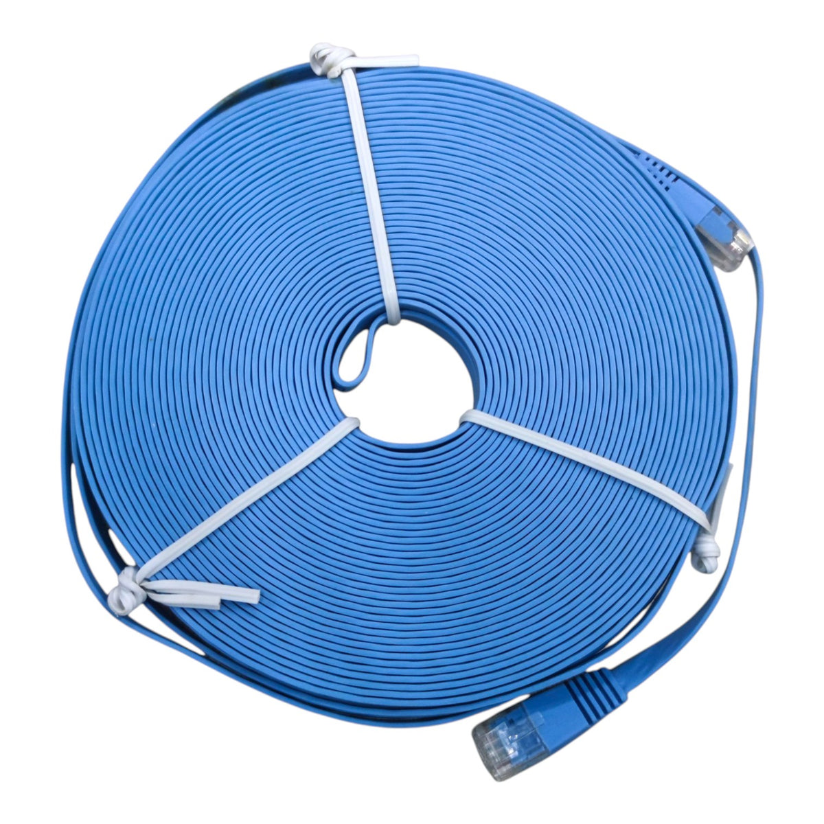 A coiled blue Ethernet cable secured with white zip ties, showing RJ45 connectors on the ends, set against a plain white background.