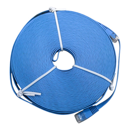 A coiled blue Ethernet cable secured with white zip ties, showing RJ45 connectors on the ends, set against a plain white background.