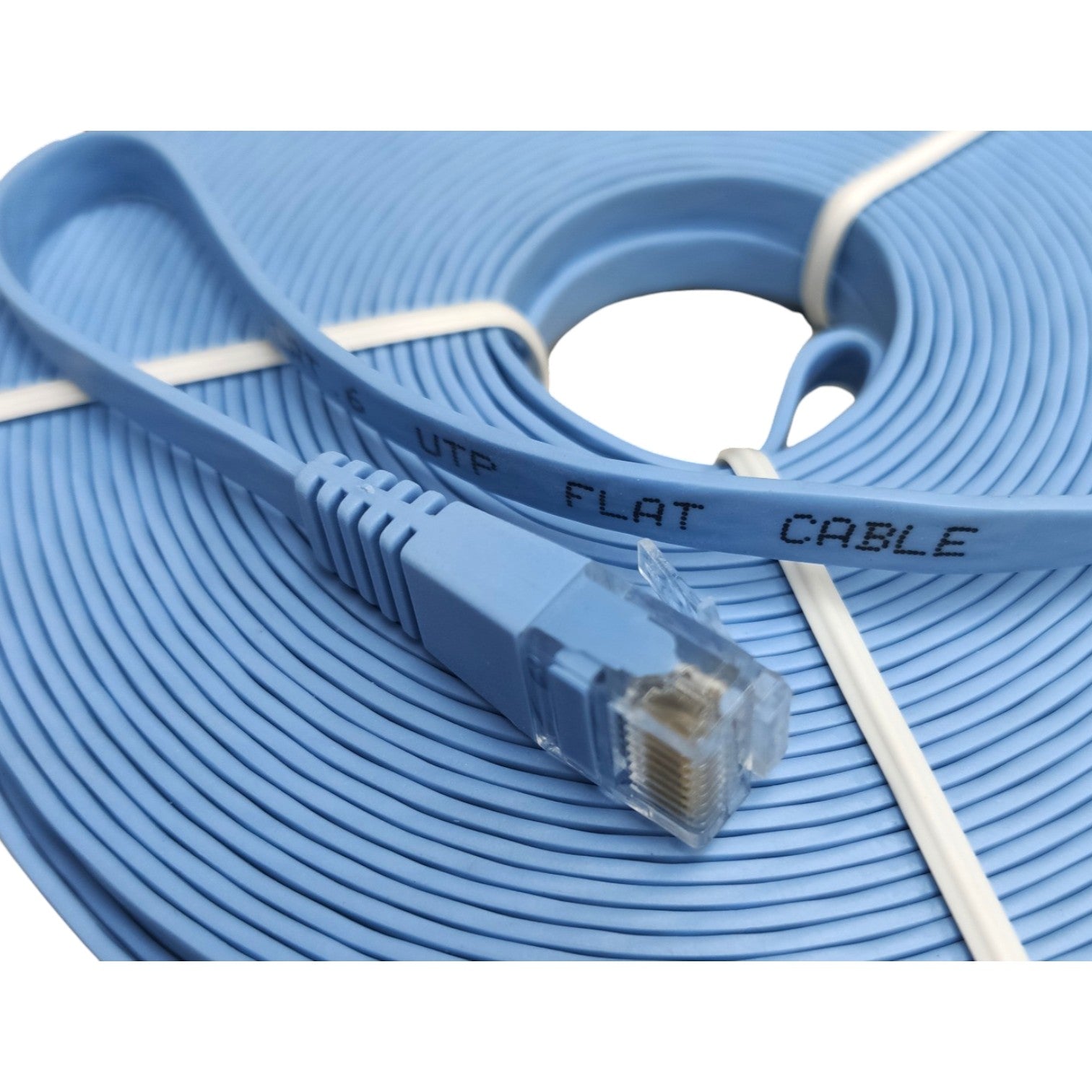 A coiled light blue flat Ethernet cable with a RJ45 connector, secured with white zip ties. The cable is printed with the text 'UTP FLAT CABLE'.