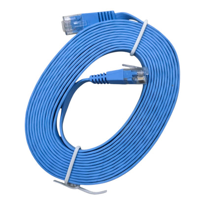 A coiled blue Ethernet cable with RJ45 connectors, secured with white zip ties, on a plain white background.