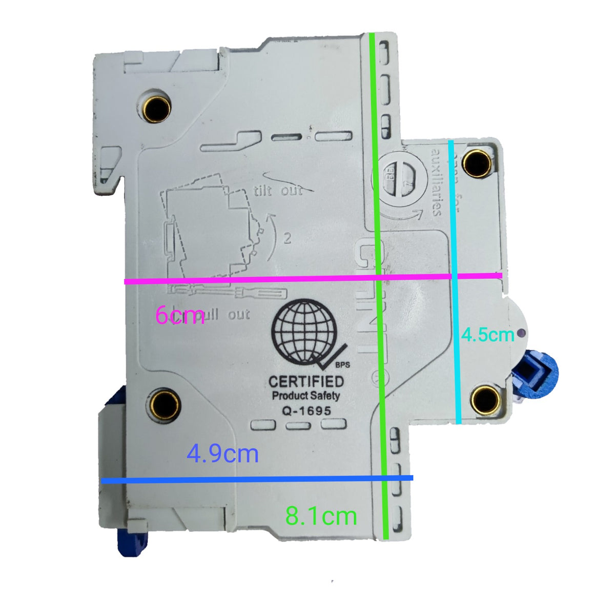 A gray electrical component with dimension markings showing measurements of 8.1cm, 4.