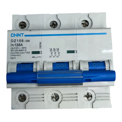 CHINT DZ158-125 125A modular miniature circuit breaker with a blue handle and white plastic housing, shown on a white background.