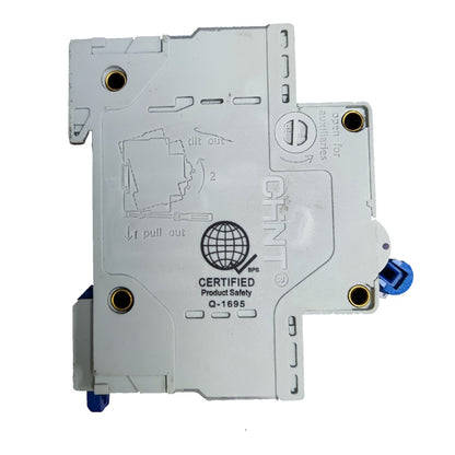 A certified product safety cover plate for a CHINT electrical component, showing the molded white plastic back with certification text and a globe logo.