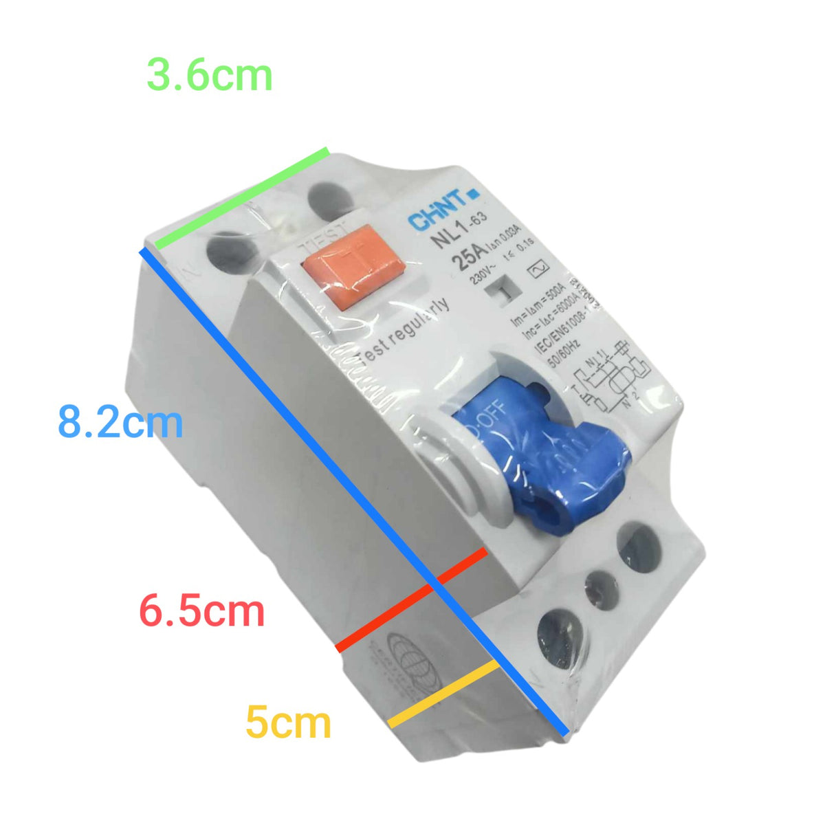 Electrical switch with dimensions labeled on a white background