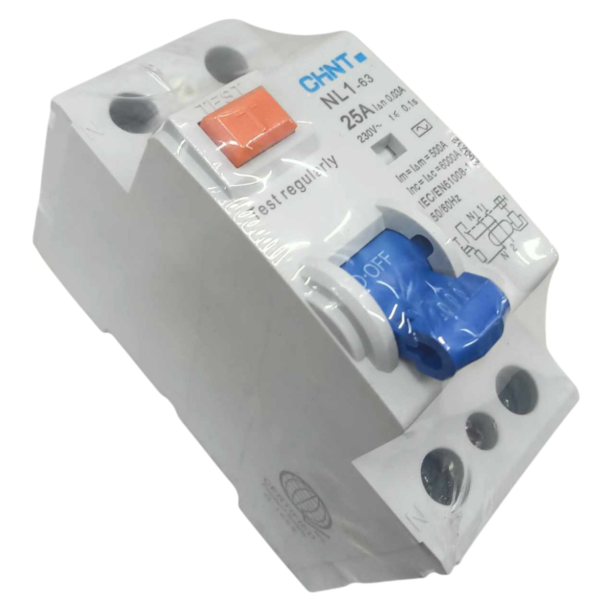 Circuit breaker with blue handle and orange button on a white background