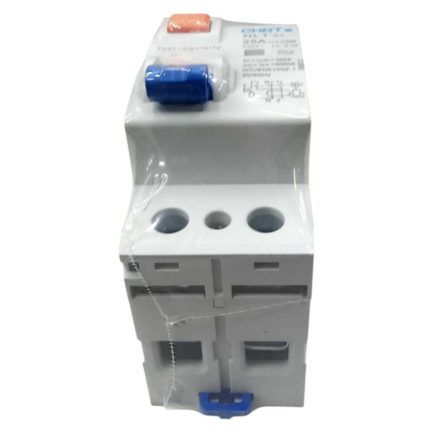 Electrical circuit breaker with blue and red labels on a white background