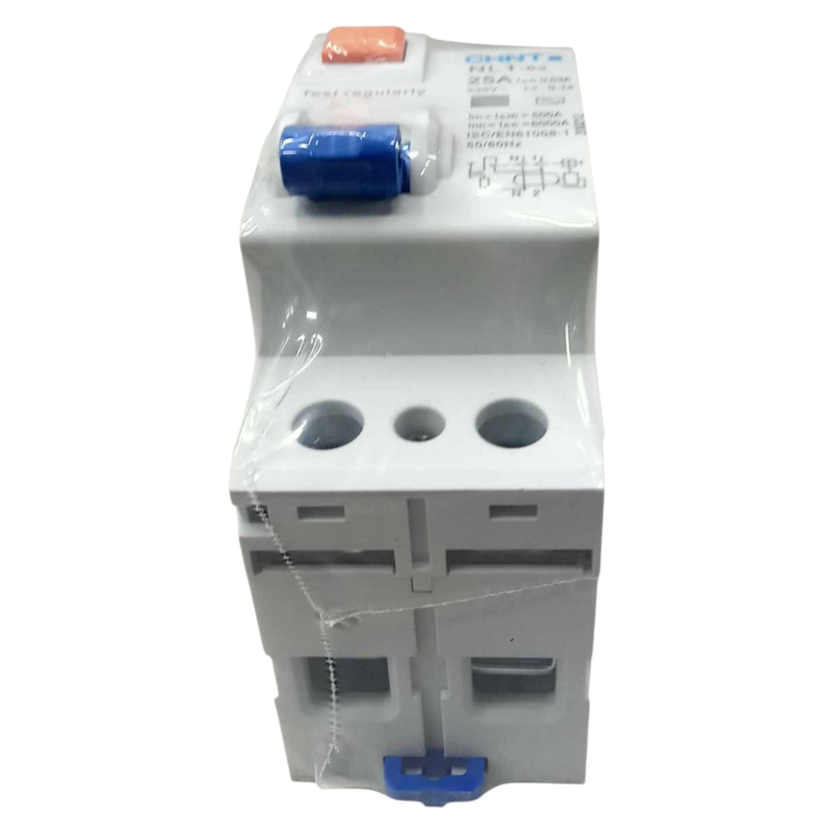 Electrical circuit breaker with blue and red labels on a white background