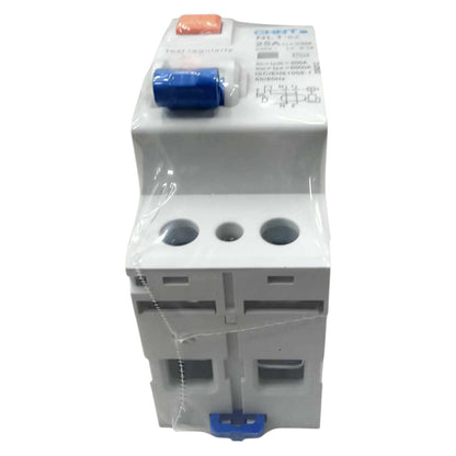 Electrical circuit breaker with blue and red labels on a white background
