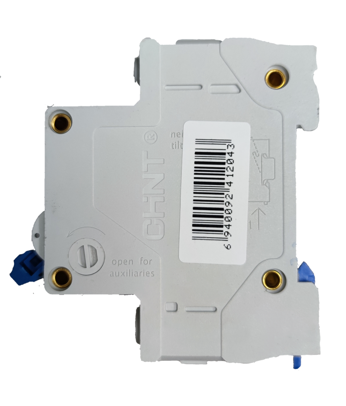 CHINT 25A 2 pole miniature circuit breaker with mounting holes and electrical diagram on the side