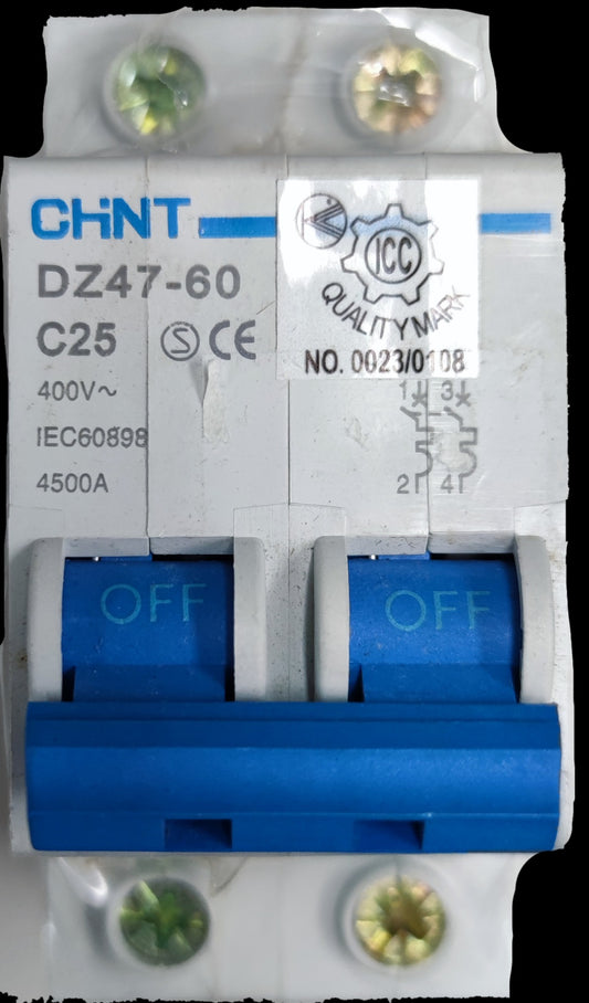 CHINT 25A 2 pole miniature circuit breaker with buttons for ON and OFF functionality