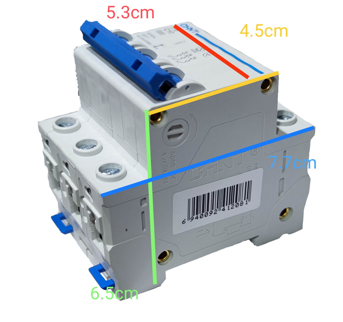 Chint 25A 3Pole Miniature Circuit Breaker with blue toggle switch and compact design