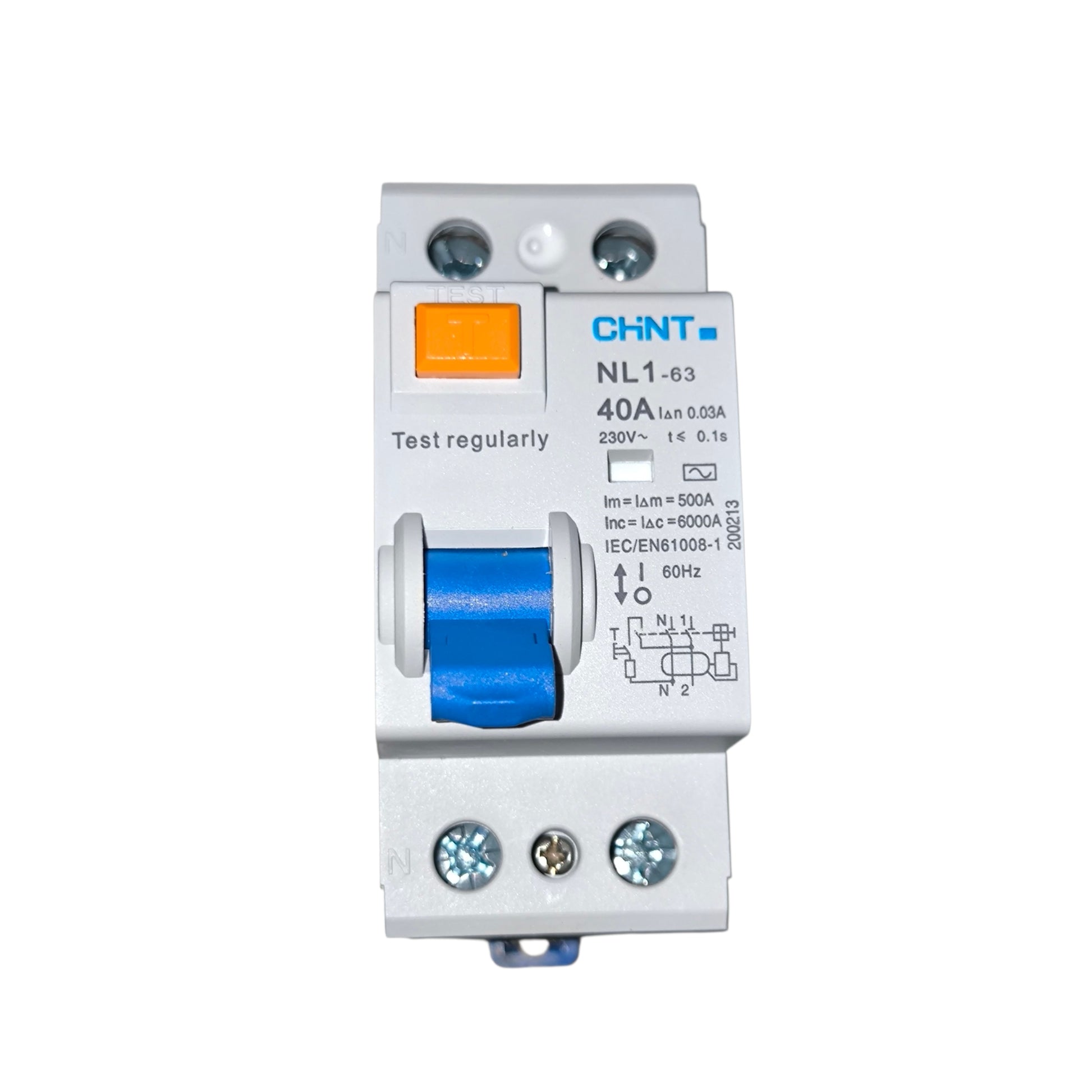 Electrical circuit breaker with blue reset button on a white background