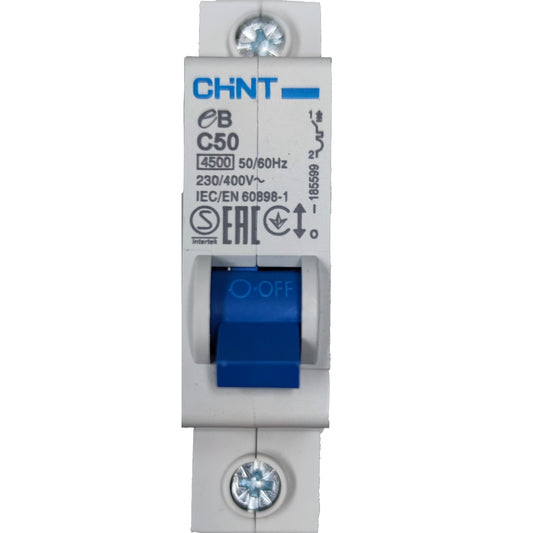 Electrical circuit breaker with CHINT branding on a white background