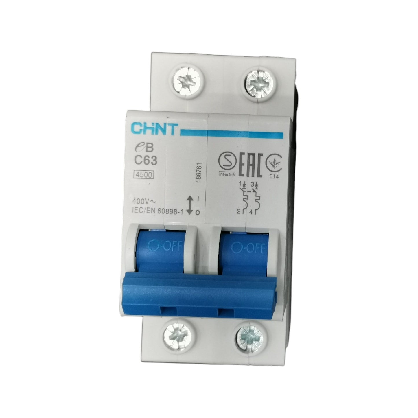 Electrical circuit breaker with Chint branding on a white background