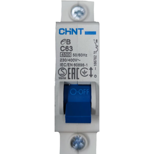 Circuit breaker with blue toggle switch on a white background