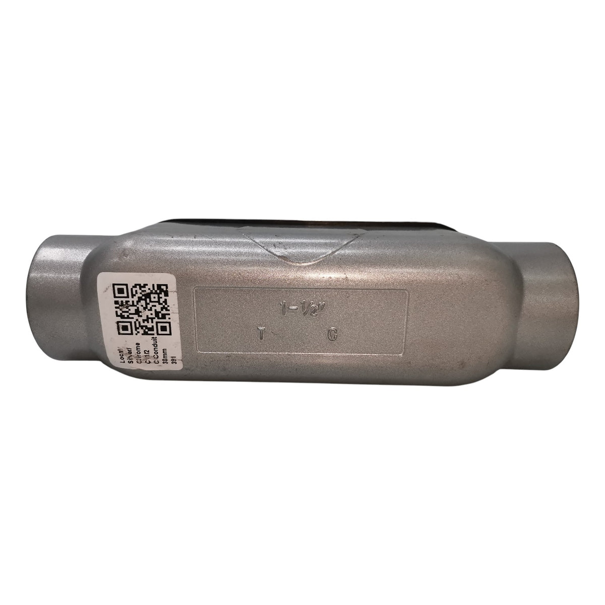 Metallic cylindrical device with QR code label on a white background