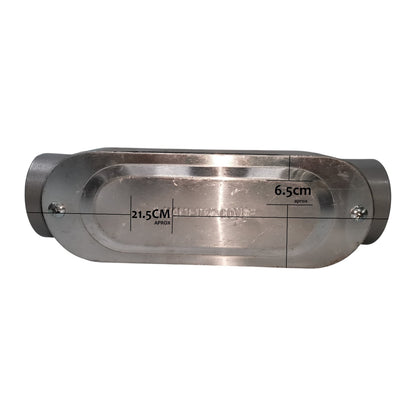 Metallic object with dimensions labeled on a white background