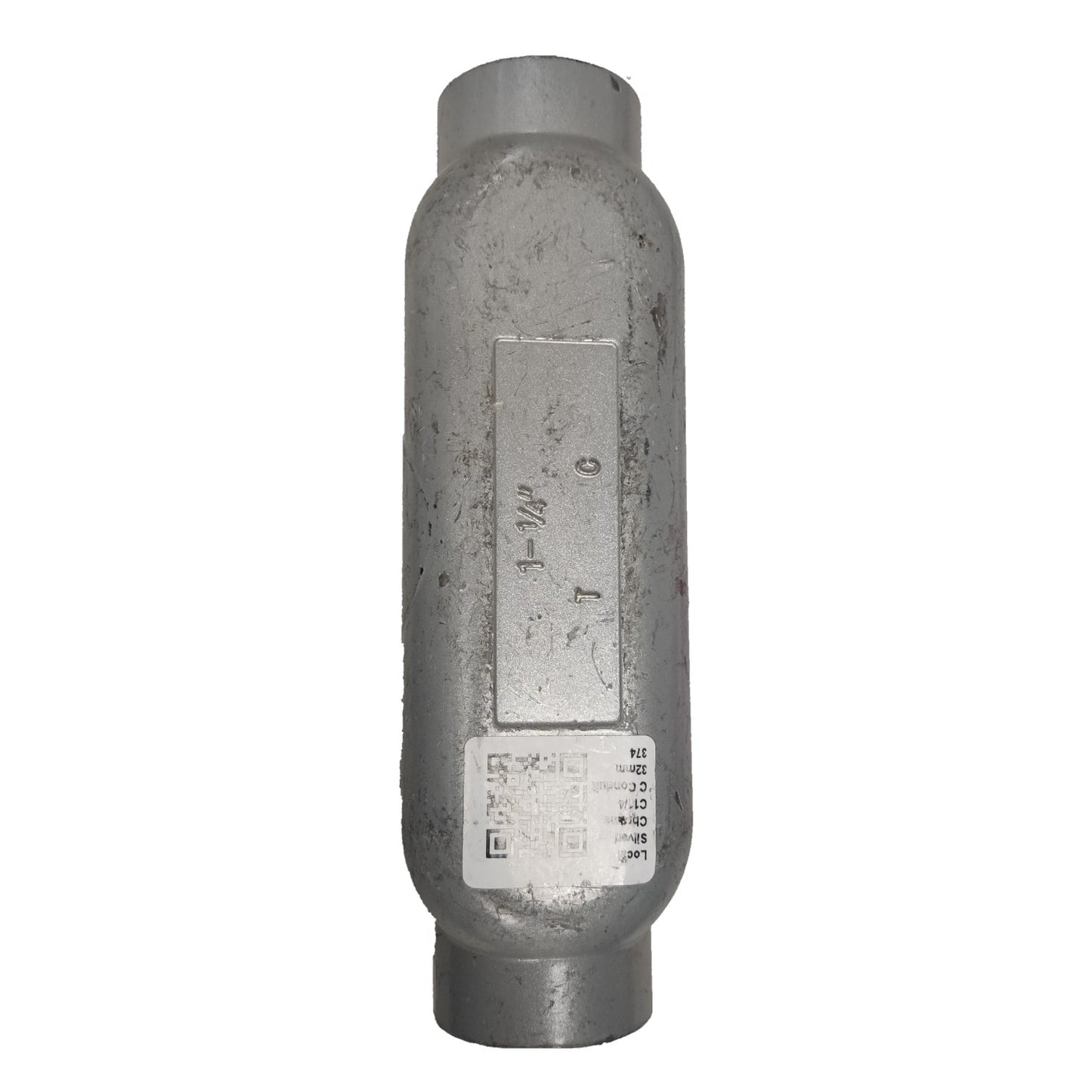 Metallic cylindrical object with text and markings on a white background