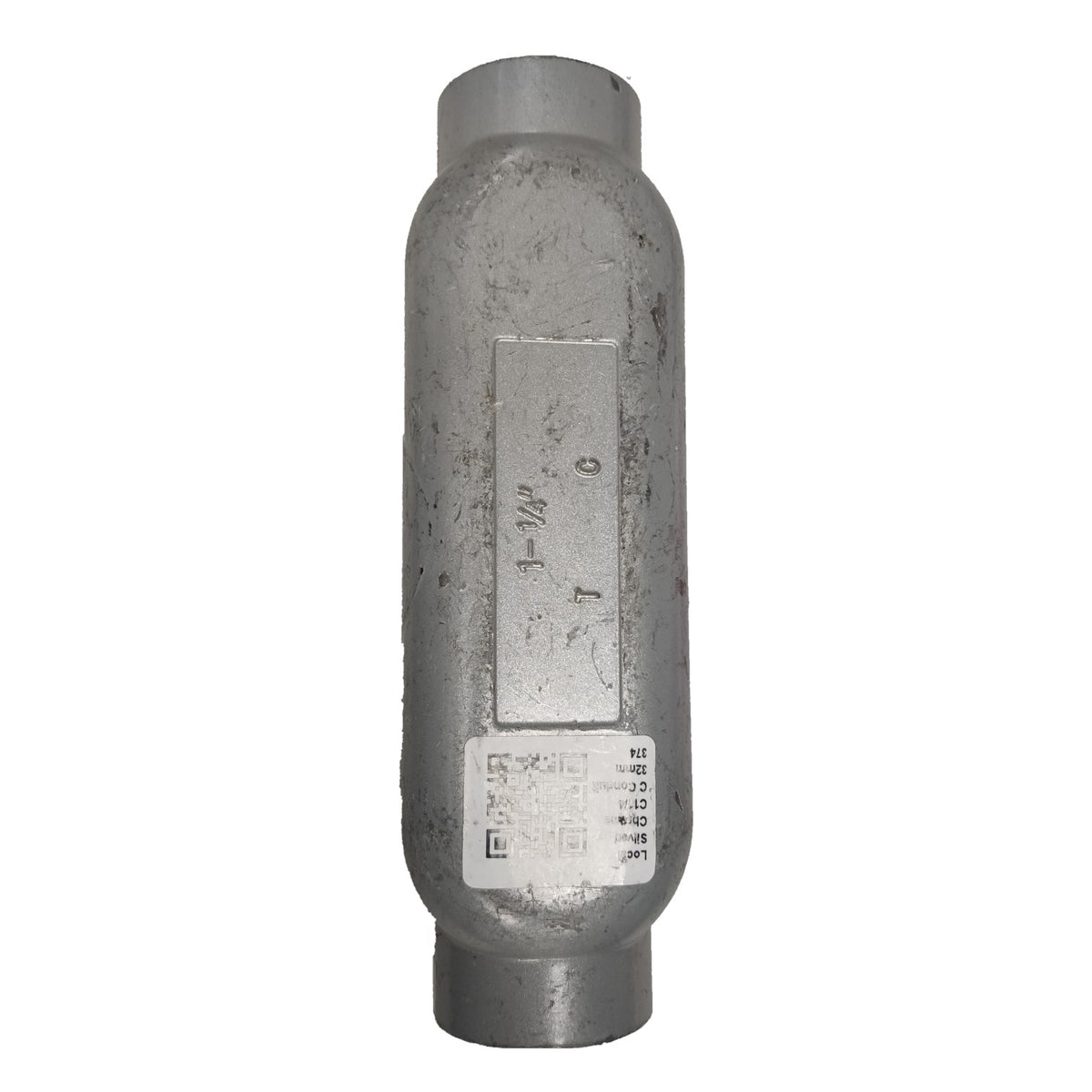 Metallic cylindrical object with text and markings on a white background