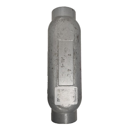 Metallic cylindrical object with text and markings on a white background