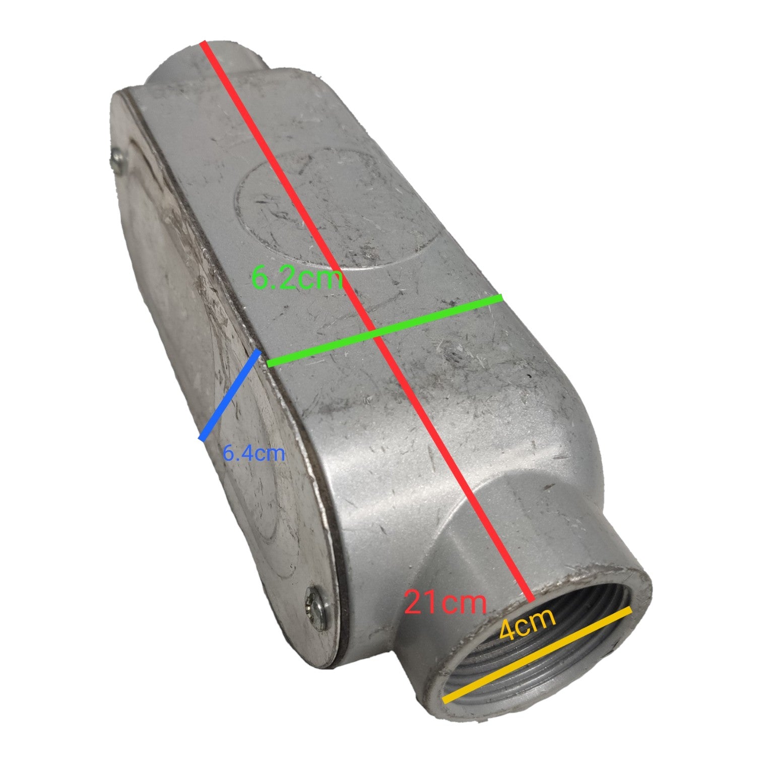 Metal pipe fitting with measurements marked on a white background