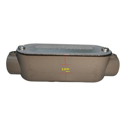 Metal pipe fitting with measurement details on a white background