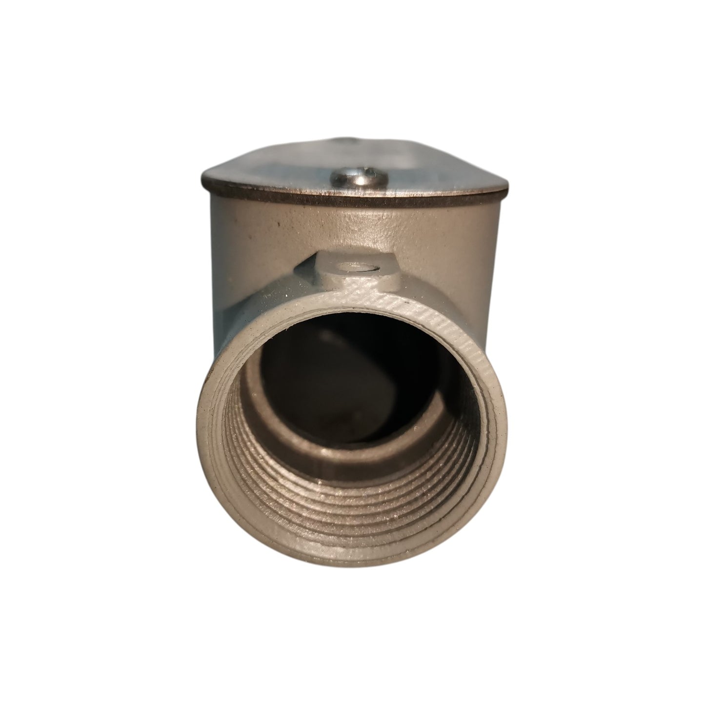Metal fitting with threaded end on a white background