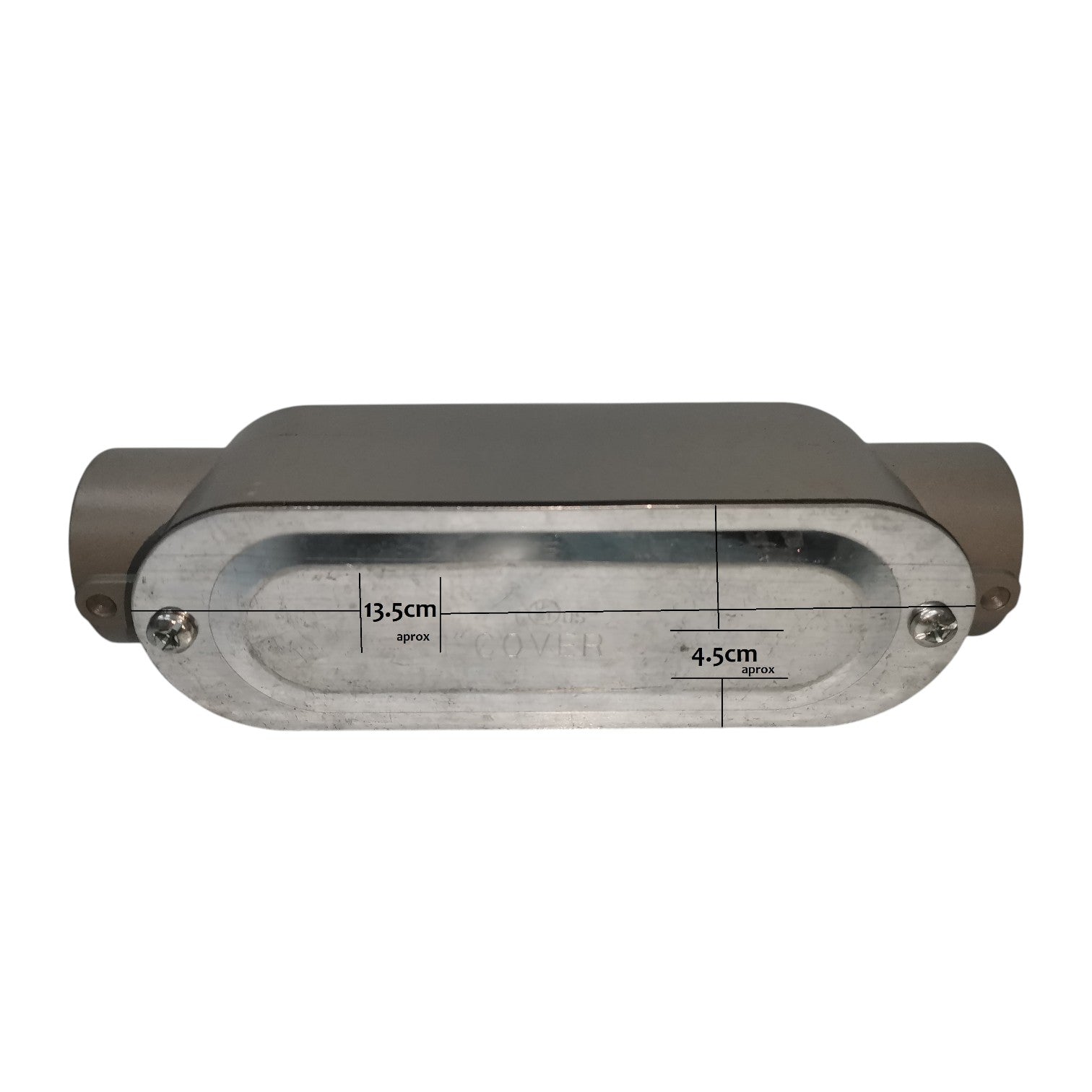 Rectangular metal light fixture with dimensions on a white background