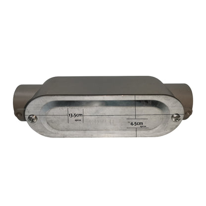 Rectangular metal light fixture with dimensions on a white background