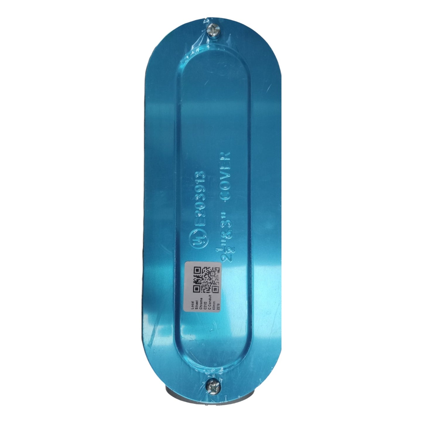Blue metallic object with a QR code on a white background