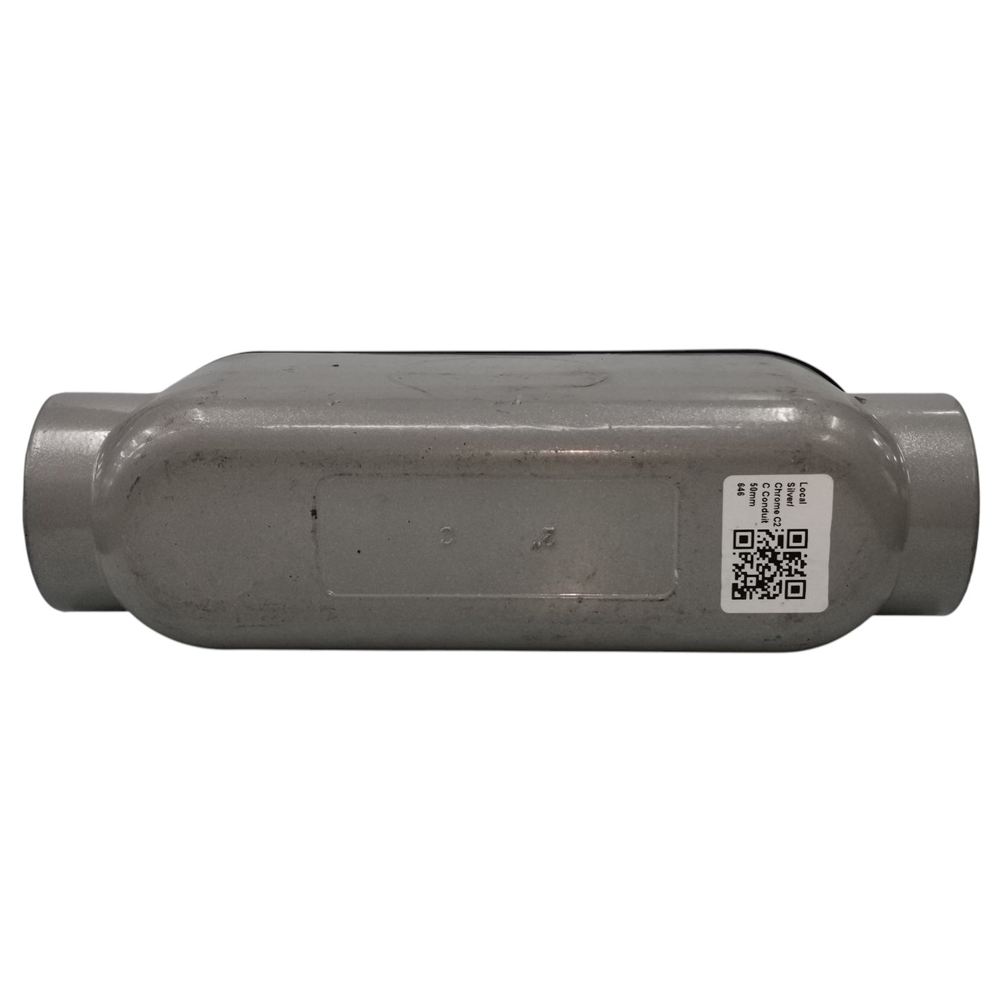 Metallic exhaust muffler with a QR code label on a white background