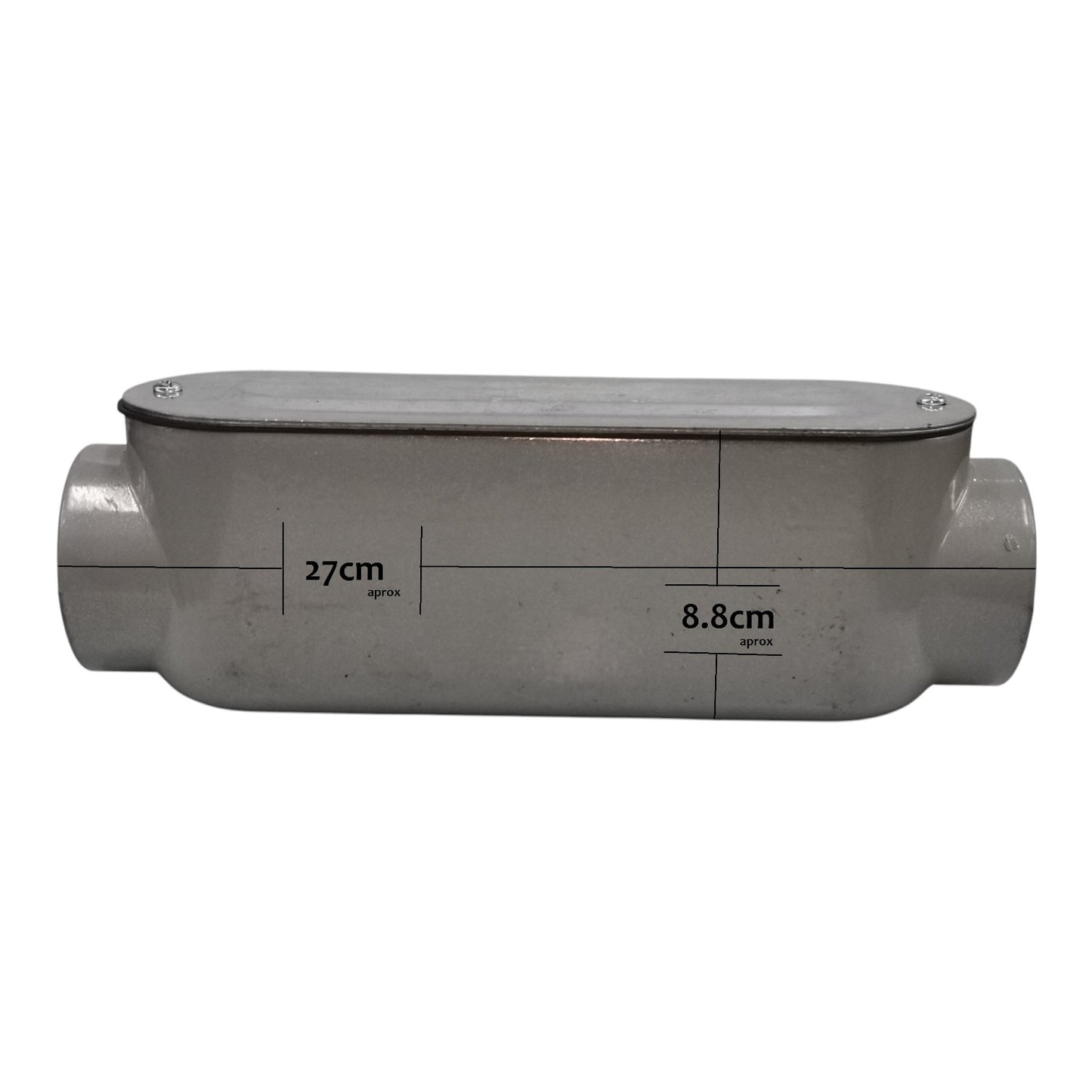 Gray pipe fitting with measurements on a white background