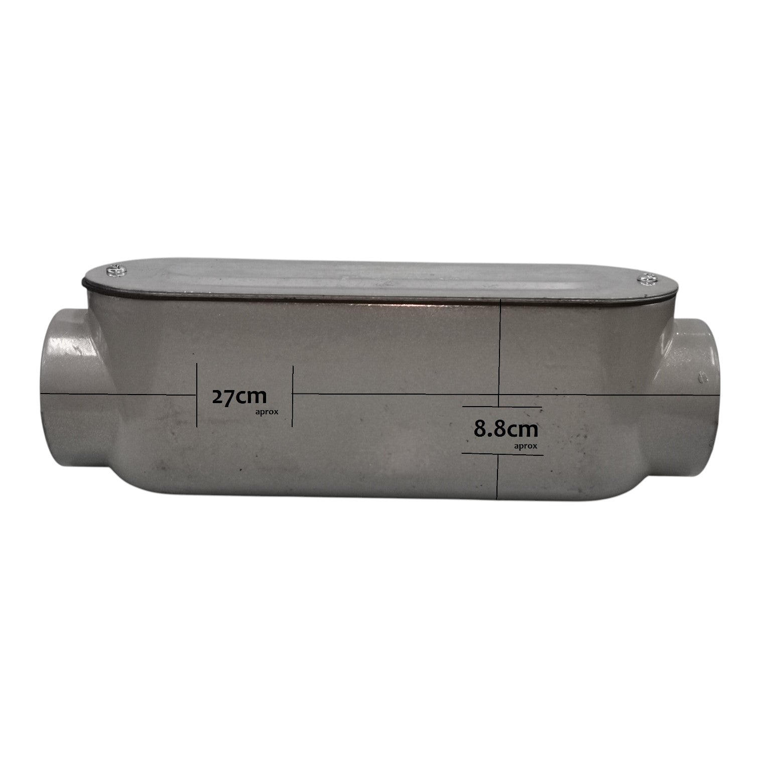 Gray pipe fitting with measurements on a white background