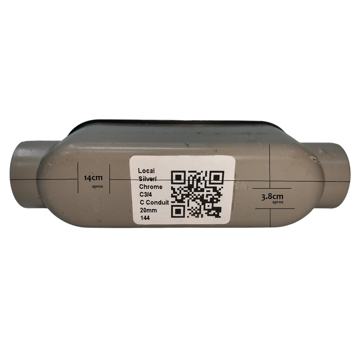 Metallic cylindrical object with a label and QR code on a white background