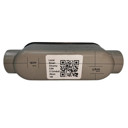 Metallic cylindrical object with a label and QR code on a white background
