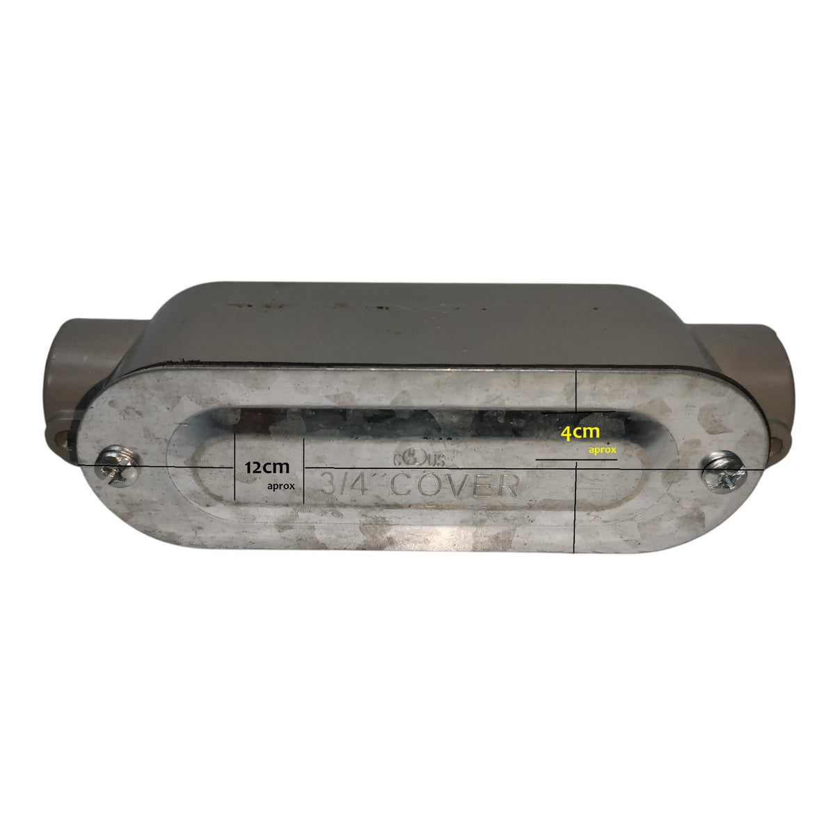 Metallic object with dimensions on a white background