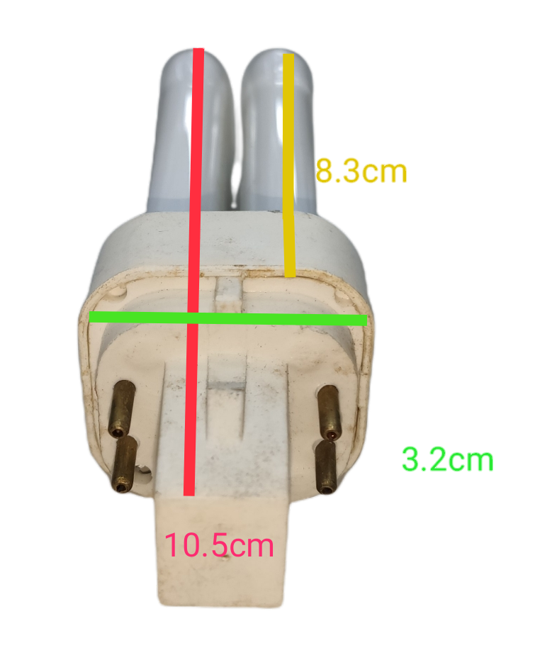 10W 4 pin light PL daylight compact fluorescent bulb with measurements on black background