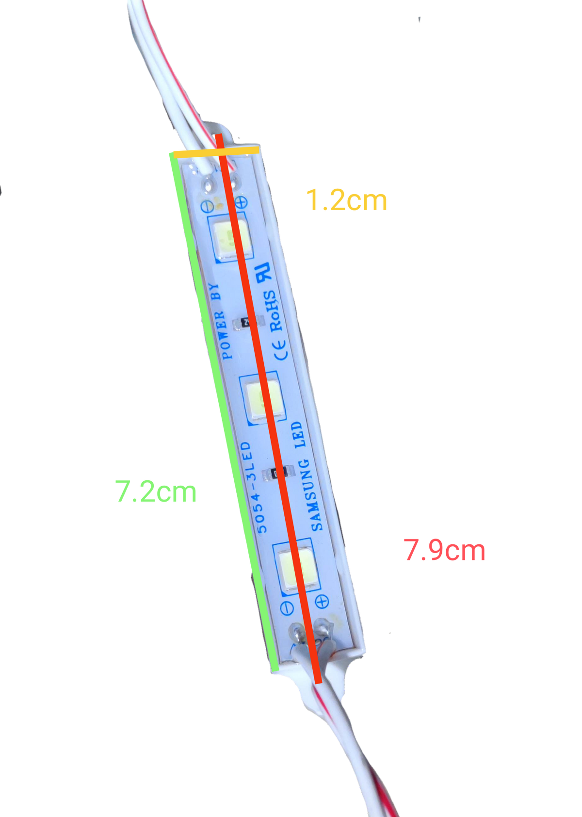 12V LED module daylight 6500K from China with three LED lights and wiring on a white strip