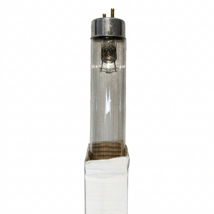 Clear cylindrical light bulb with metal top on a white background