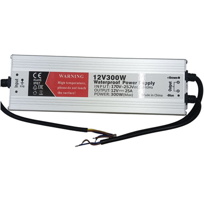 12V300W waterproof power supply with warning label on a white background
