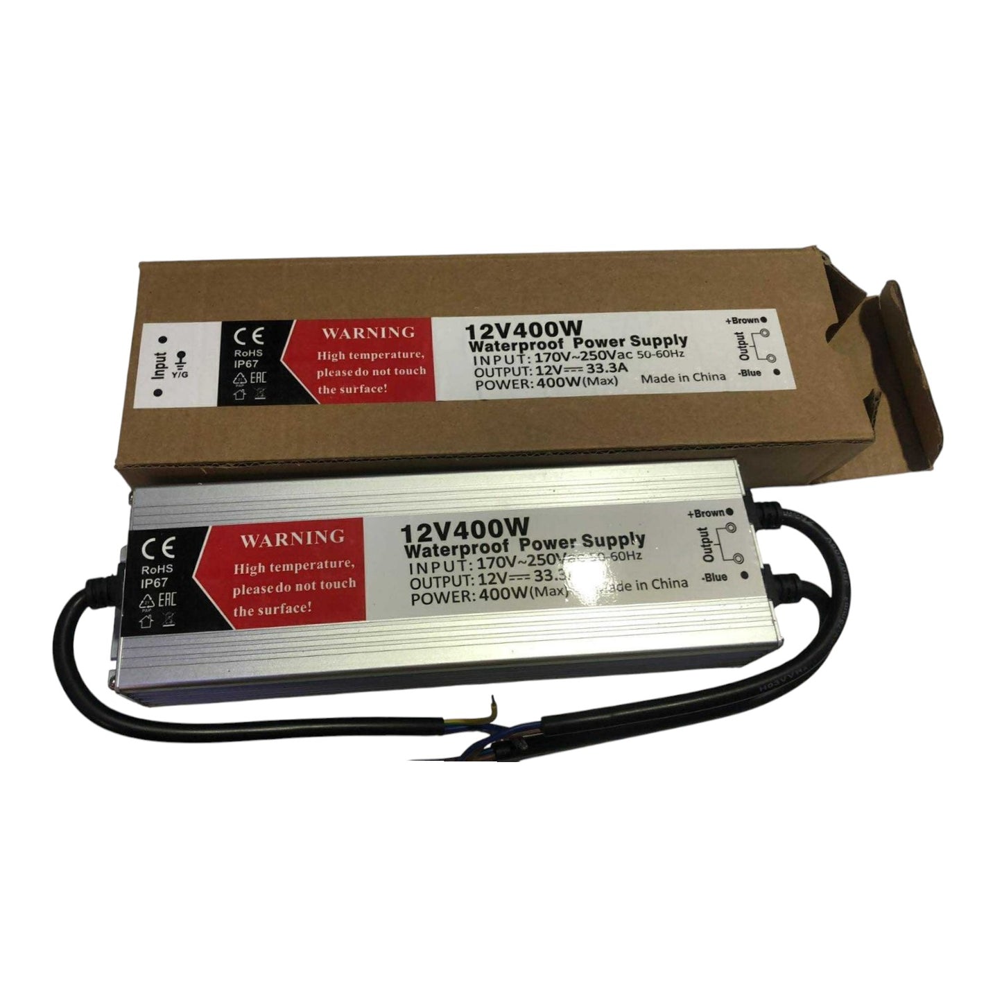 12V400W waterproof power supply with packaging on a white background