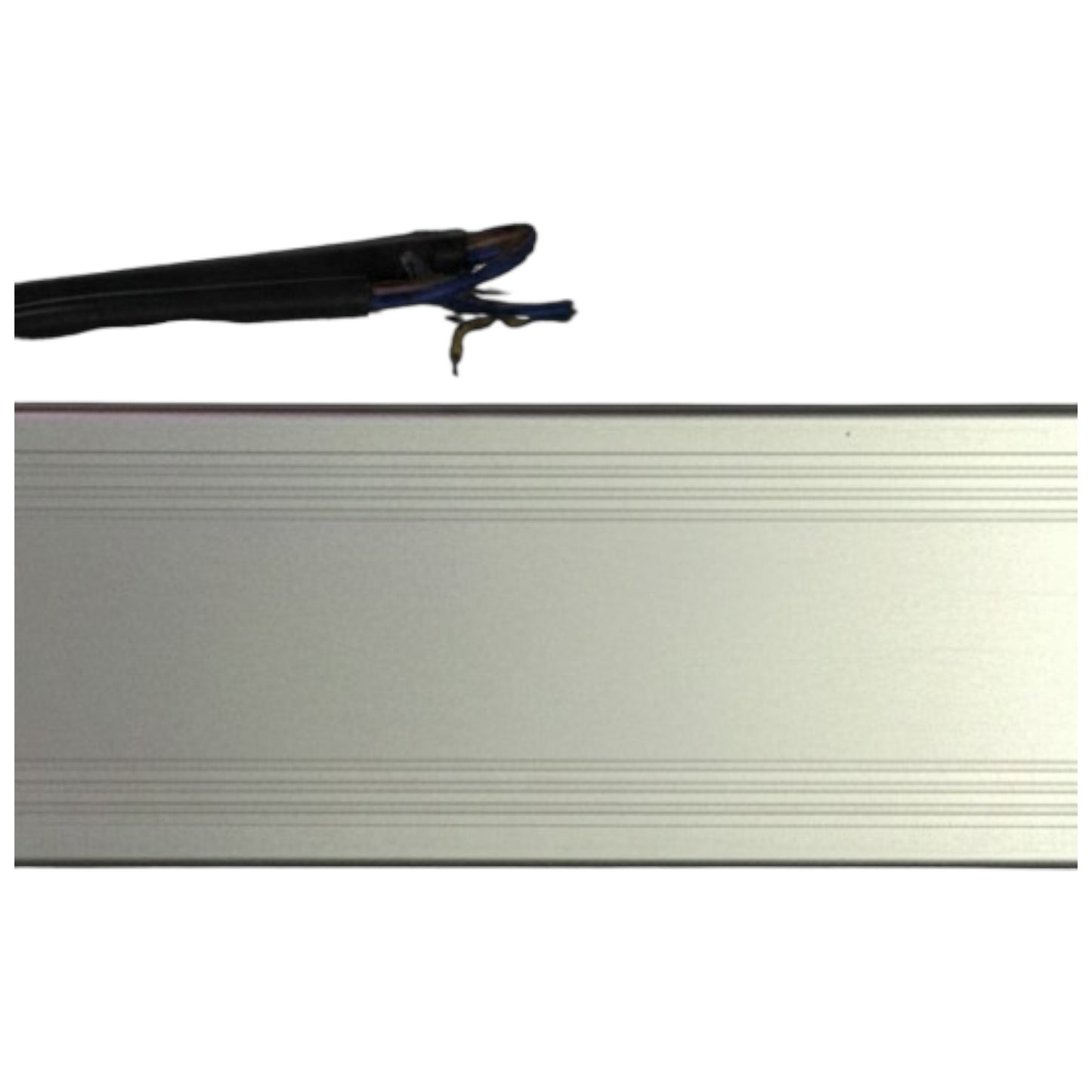 Metallic strip with a black handle on a white background