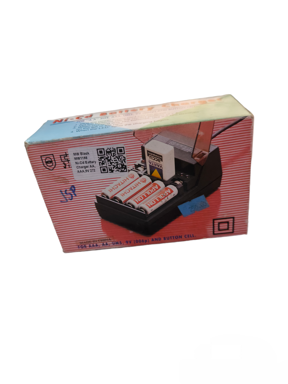 Universal Ni-Cd battery charger with multiple AA batteries and charging slots in a red box