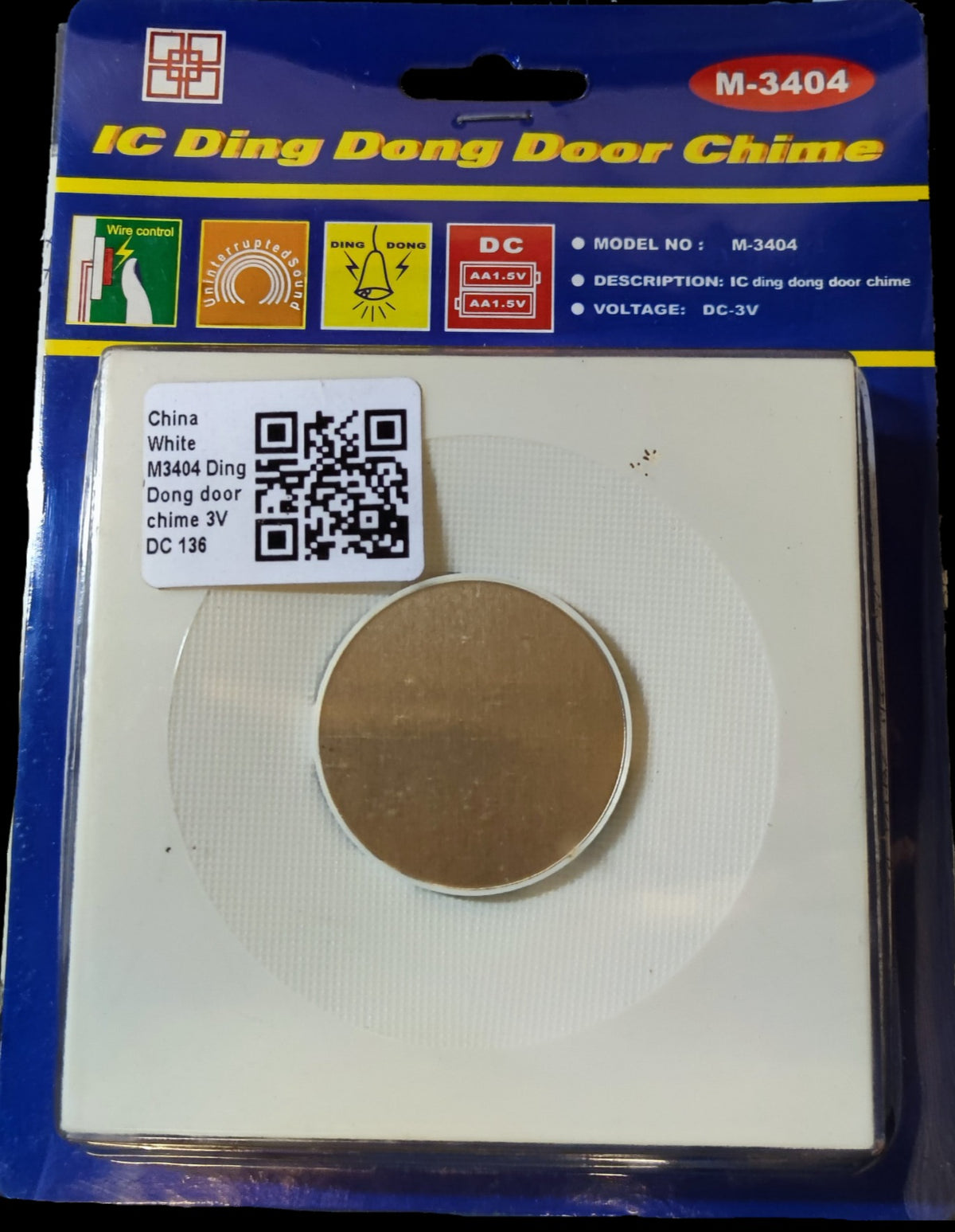 White IC Ding Dong Door Chime model M-3404 with circular gold button and 3V voltage
