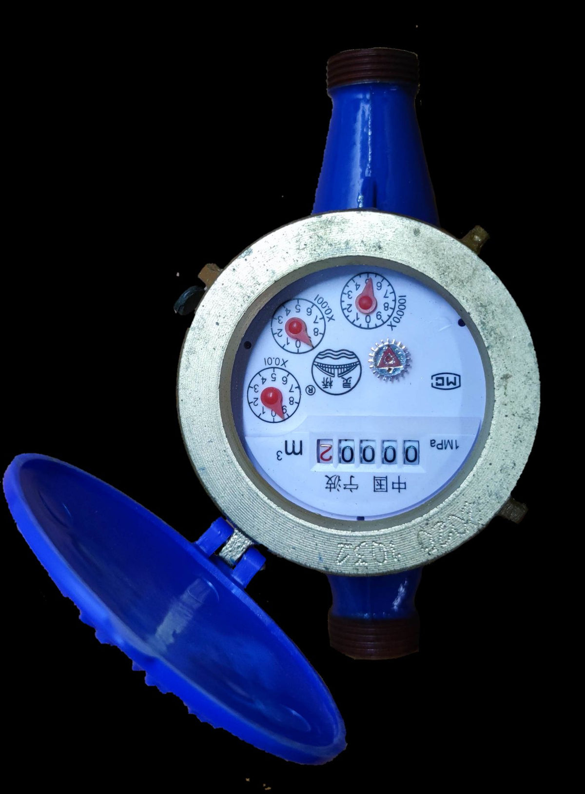 Water Meter Metal Die Cast blue fixture part with protective cover and clear measurement dials