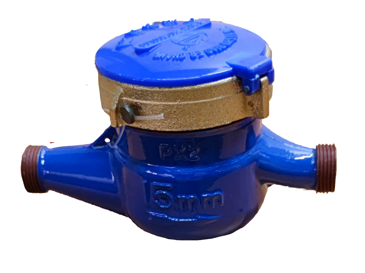 Blue and gold Water Meter Metal Die Cast with dual pipe connectors for fixture parts and valves