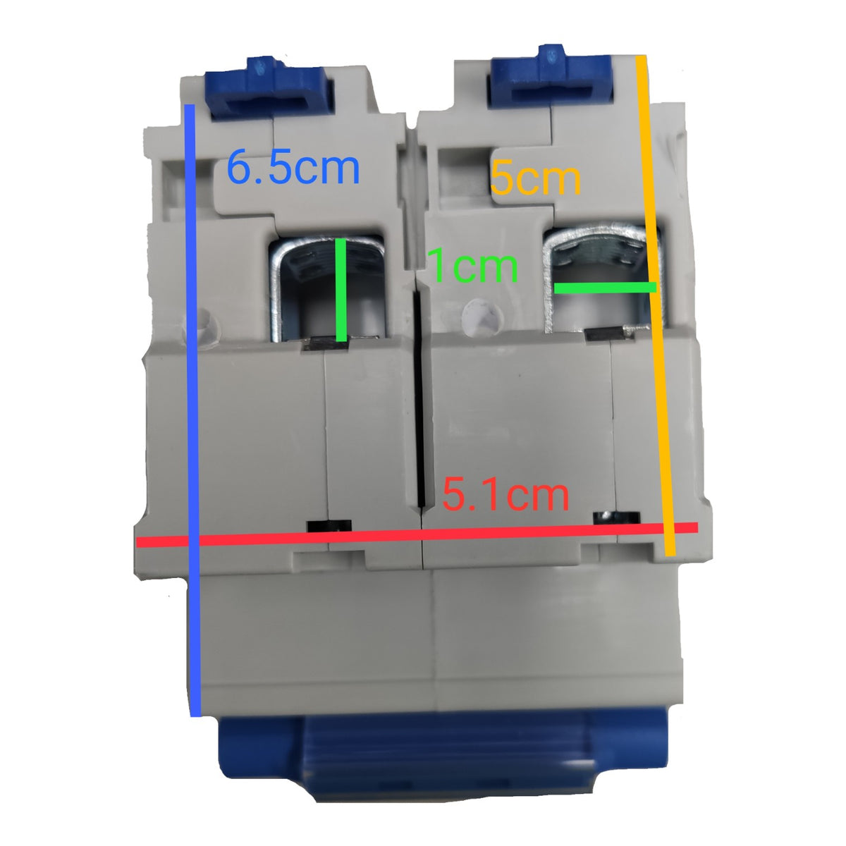 A close-up of a gray electrical terminal block or connector with blue end pieces and overlaid dimension labels in blue, yellow, green, and red showing measurements such as 6.5 cm, 5 cm, 1 cm, and 5.