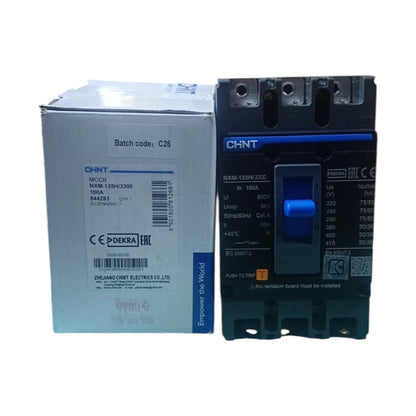 A CHNT molded electronic circuit breaker next to its original packaging box. The breaker is dark gray/black with a blue switch and blue CHNT branding, while the box is white with blue text and barcodes.